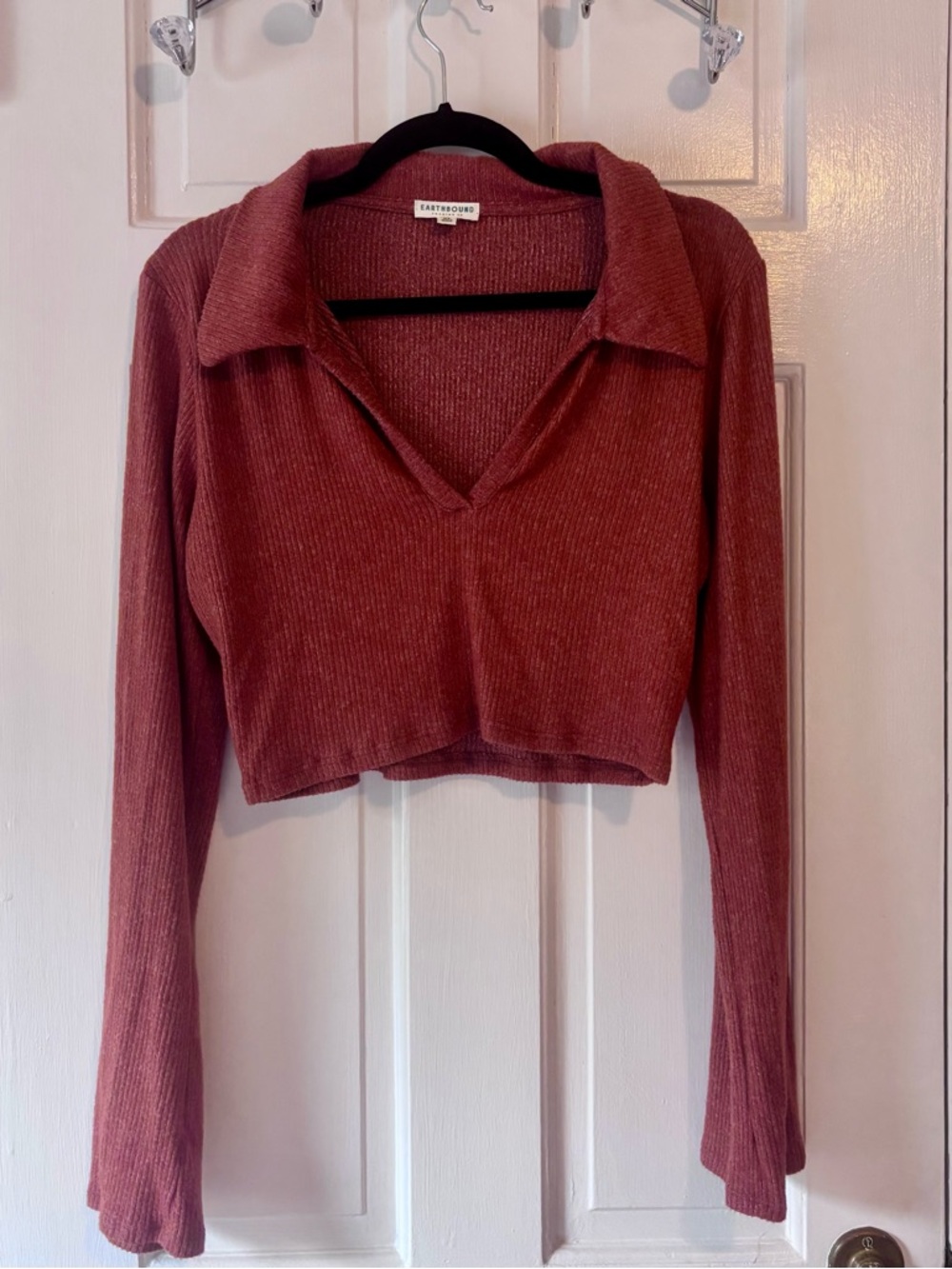 EARTHBOUND Cropped Ribbed Polo in Rust